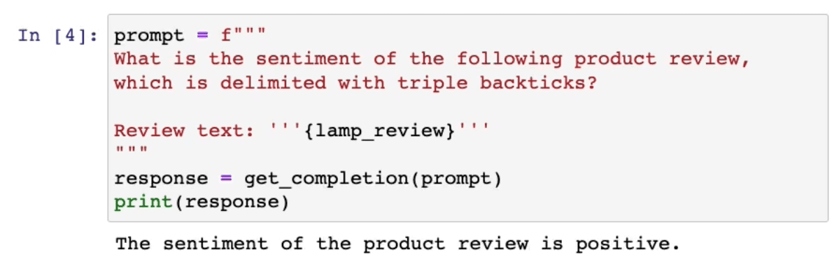 Screenshot of a positive result for inferring sentiment about a review